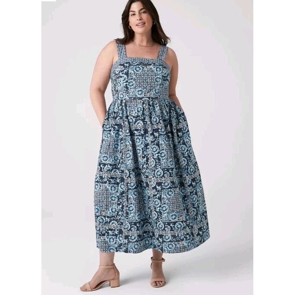 Lane Bryant Square Neck Quilted Midi Dress Womens 24 Blue Floral NWT Tiered Boho